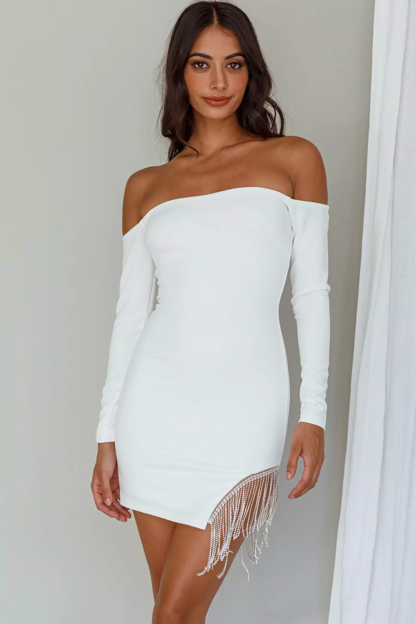 Saints + Secrets Call On Me Diamante Off-Shoulder Mini Dress White - Image 7
