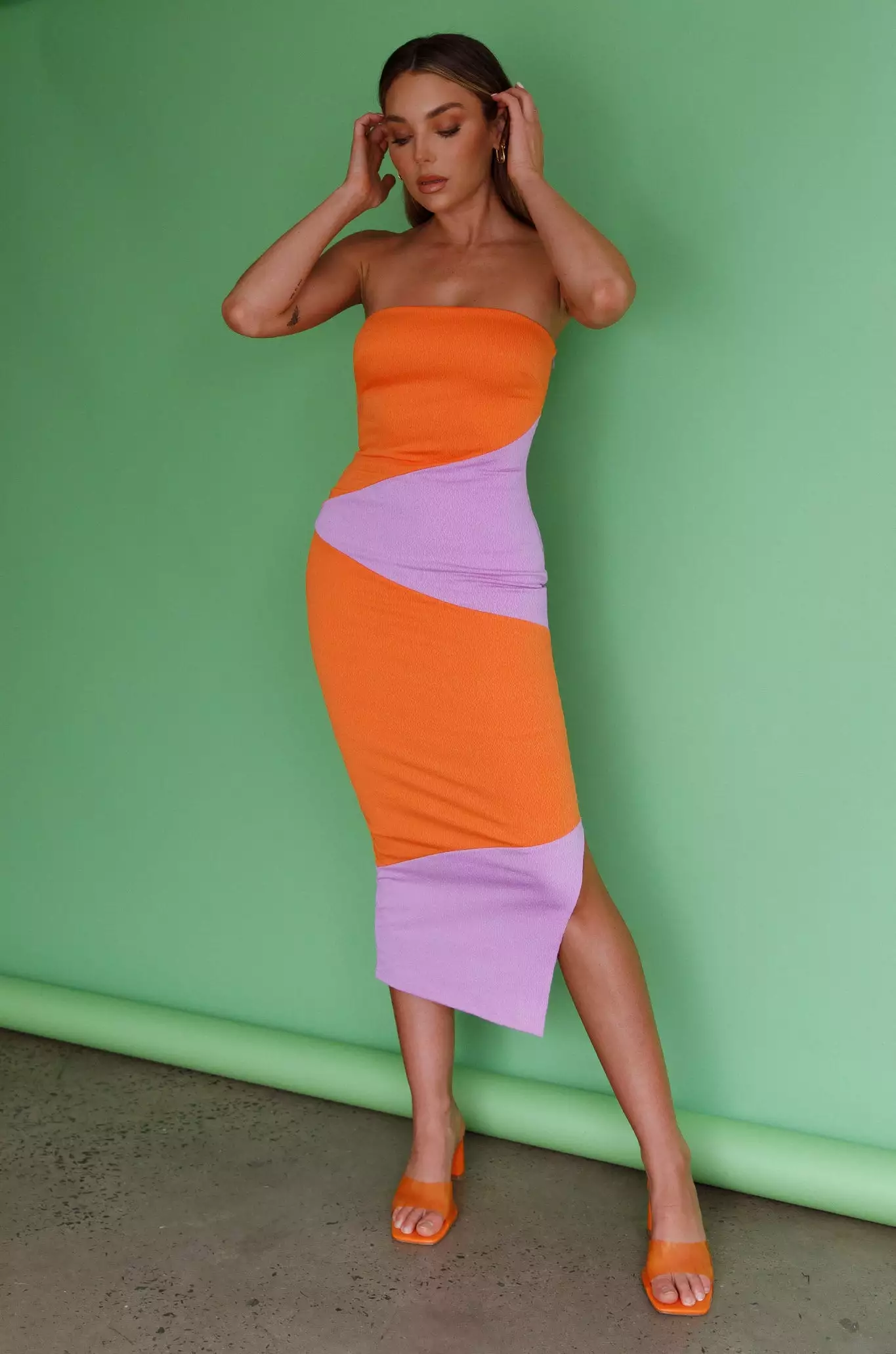 Saints + Secrets Shondra Crepe Texture Tube Dress Orange - Image 3
