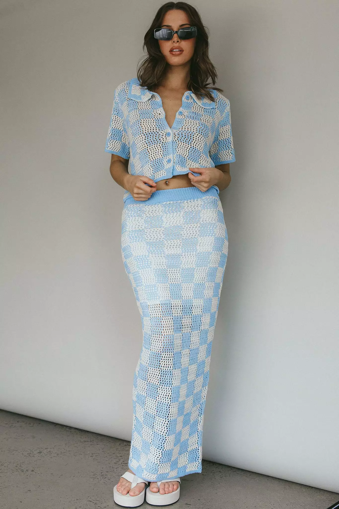 Indi Luxe Byron Bay Crochet Buttoned Top Blue - Image 5