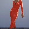 INDIKAH Beachside Crochet Knit Long Sleeve Midi Dress Tangerine