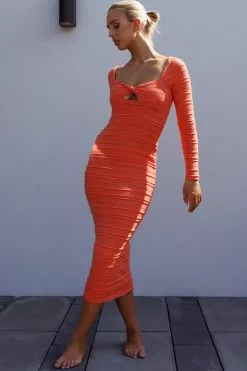 INDIKAH Beachside Crochet Knit Long Sleeve Midi Dress Tangerine