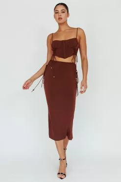 Here Comes The Sun Graziella Lace Up Midi Skirt Chocolate