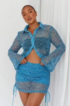 Indi Luxe Lexi Long Sleeve Button Top Cerulean