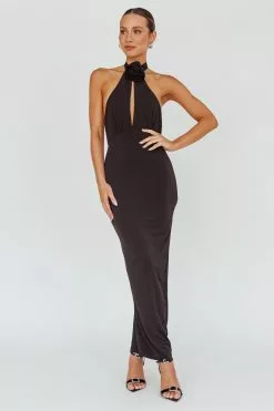 Angel Biba Simha Rose Halterneck Midi Dress Black