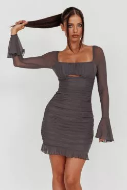 Angel Biba In Bloom Flared Cuff Mini Dress Charcoal