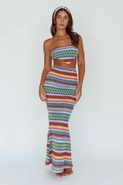Indi Luxe Tulum Knit Midi Skirt Blue Multi