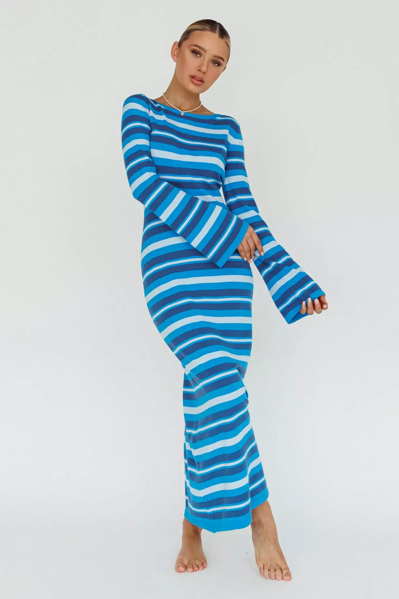 Indi Luxe Jozie Long Sleeve Maxi Dress Stripe Blue