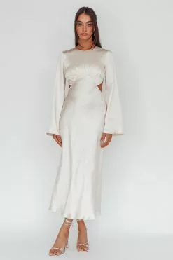 Here Comes The Sun Doting Bell Sleeve Cut-Out Midi Dress Champagne