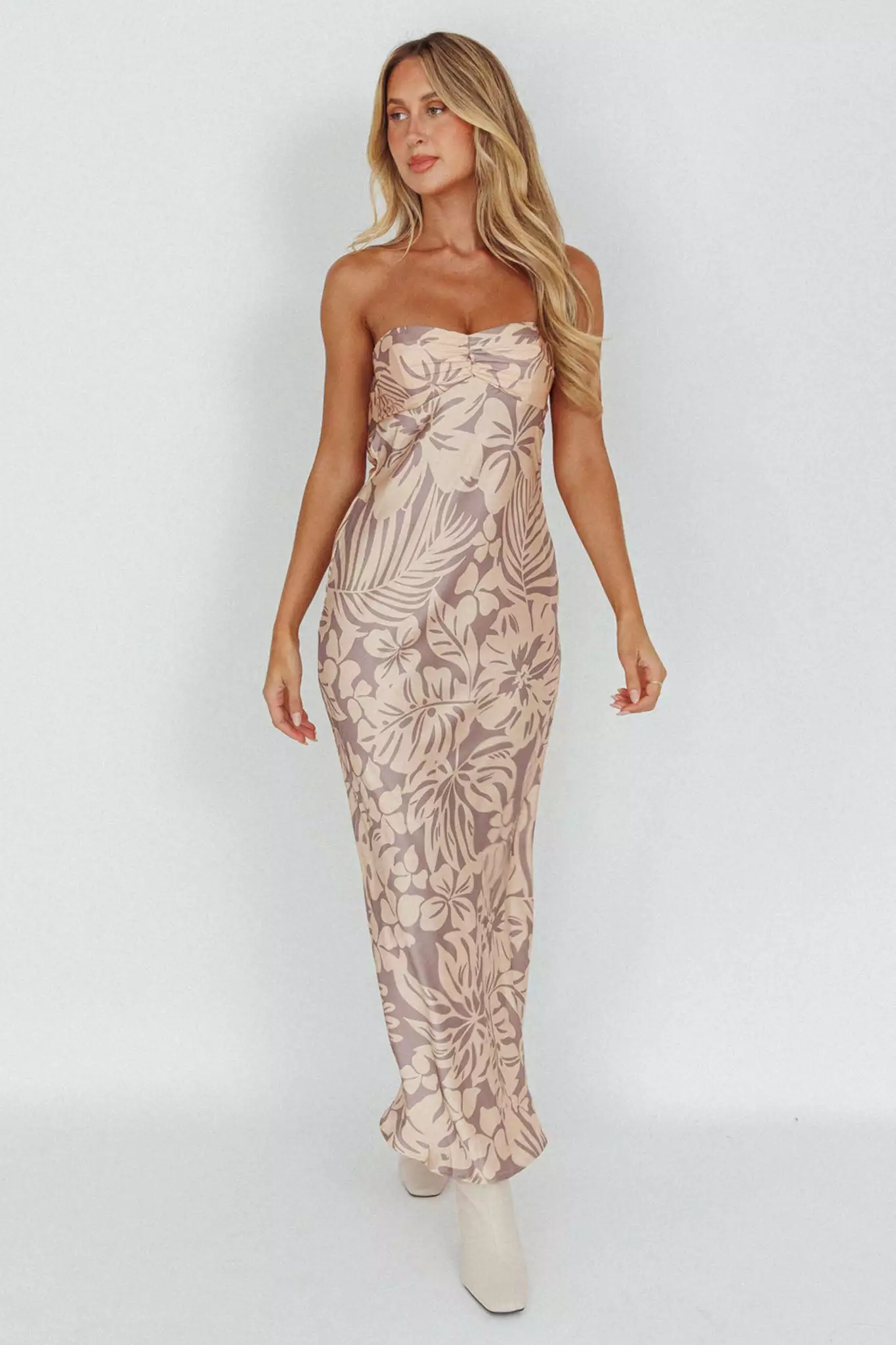 Here Comes The Sun Kona Cowl Back Midi Dress Floral Beige