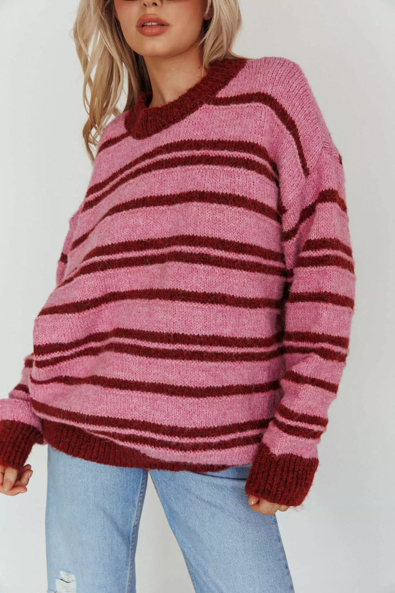INDIKAH Jona Relaxed Knit Sweater Striped Pink - Image 4