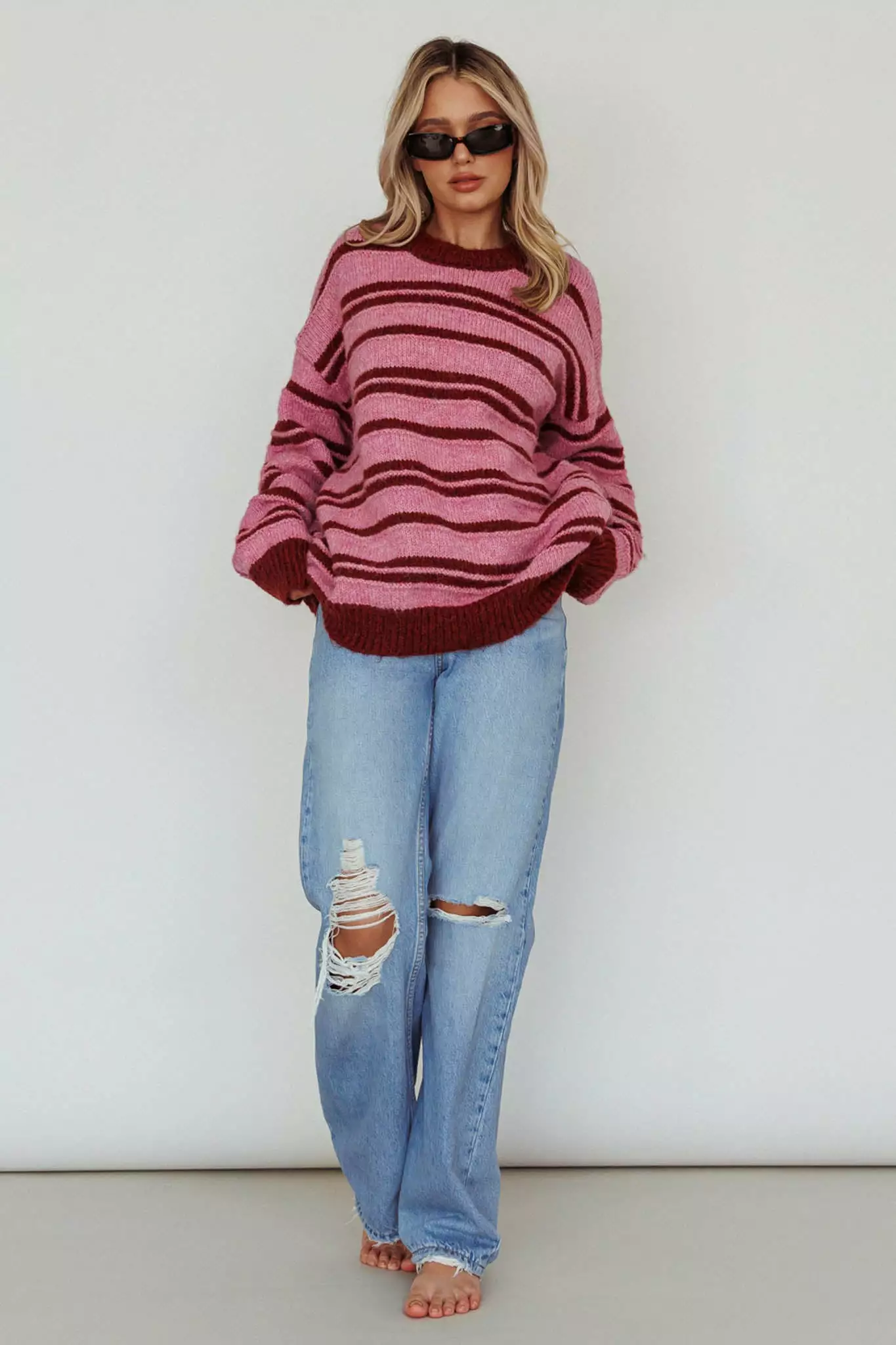 INDIKAH Jona Relaxed Knit Sweater Striped Pink - Image 5