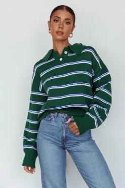 Indi Luxe Boston Collared Knit Sweater Striped Forest Green