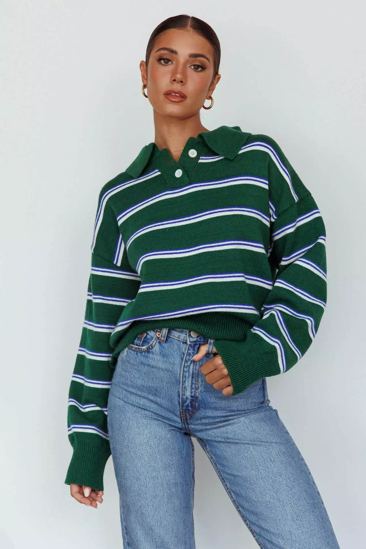 Indi Luxe Boston Collared Knit Sweater Striped Forest Green