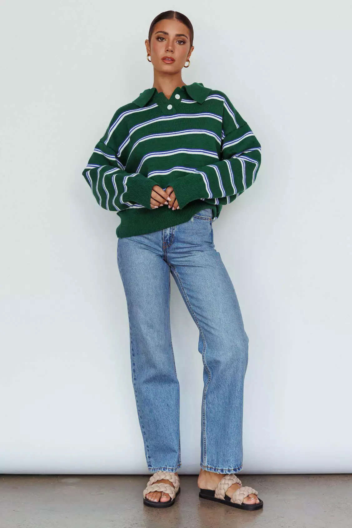 Indi Luxe Boston Collared Knit Sweater Striped Forest Green - Image 3