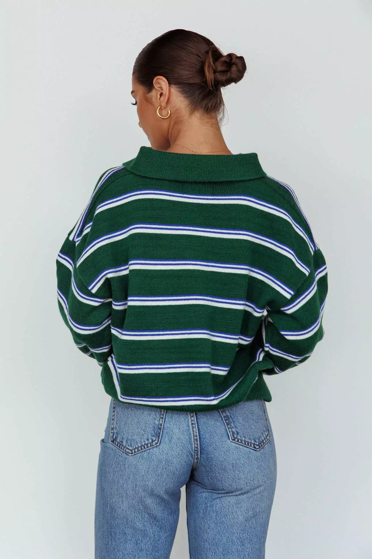 Indi Luxe Boston Collared Knit Sweater Striped Forest Green - Image 2