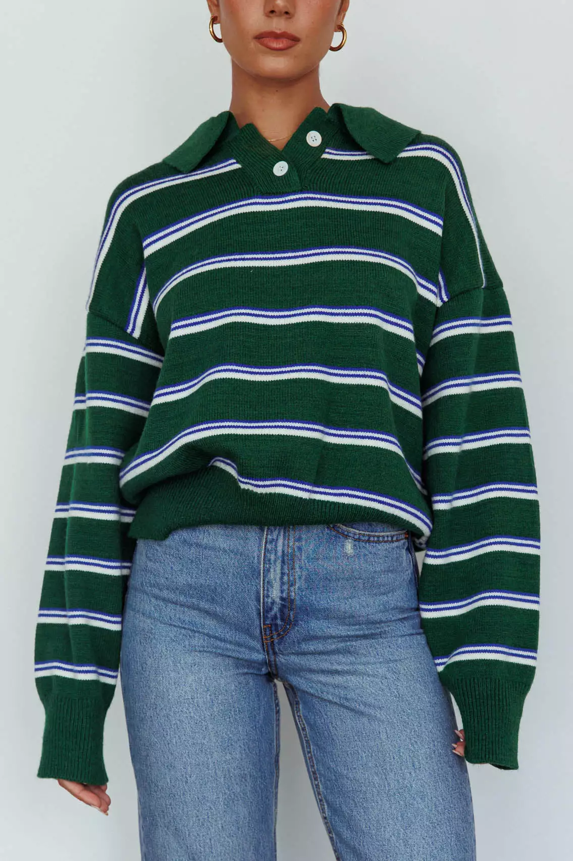 Indi Luxe Boston Collared Knit Sweater Striped Forest Green - Image 4