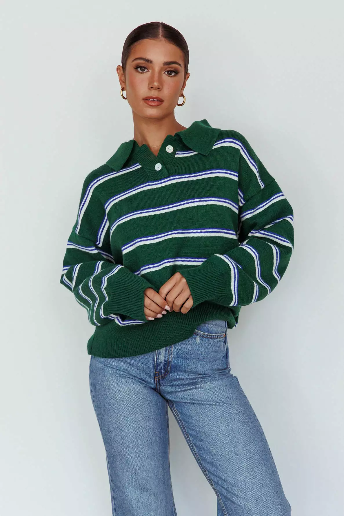 Indi Luxe Boston Collared Knit Sweater Striped Forest Green - Image 5