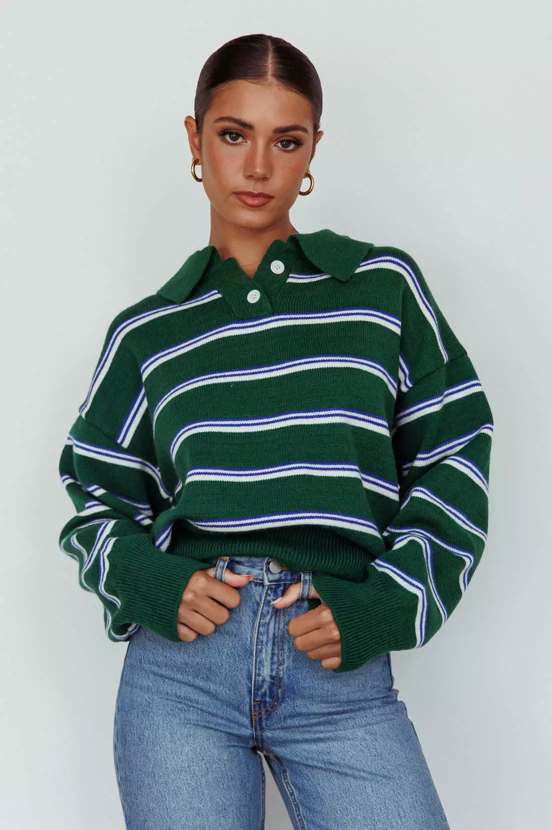 Indi Luxe Boston Collared Knit Sweater Striped Forest Green - Image 6