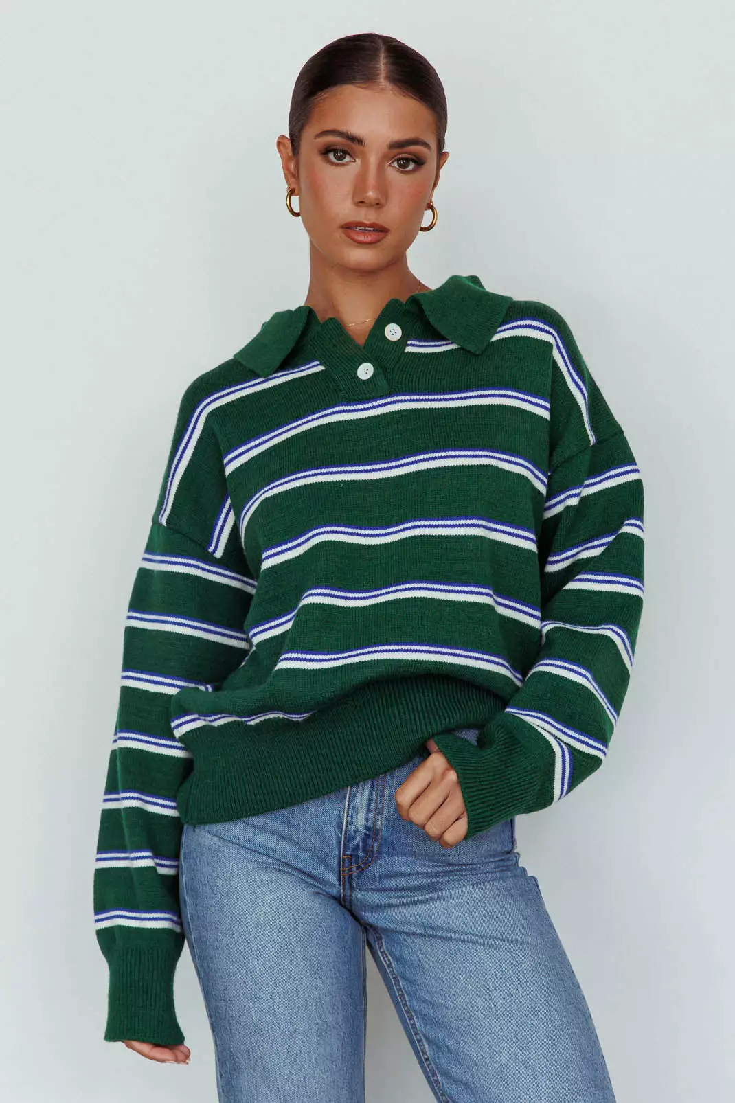 Indi Luxe Boston Collared Knit Sweater Striped Forest Green - Image 7