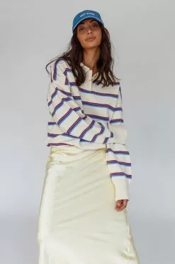 Indi Luxe Boston Collared Knit Sweater Striped White