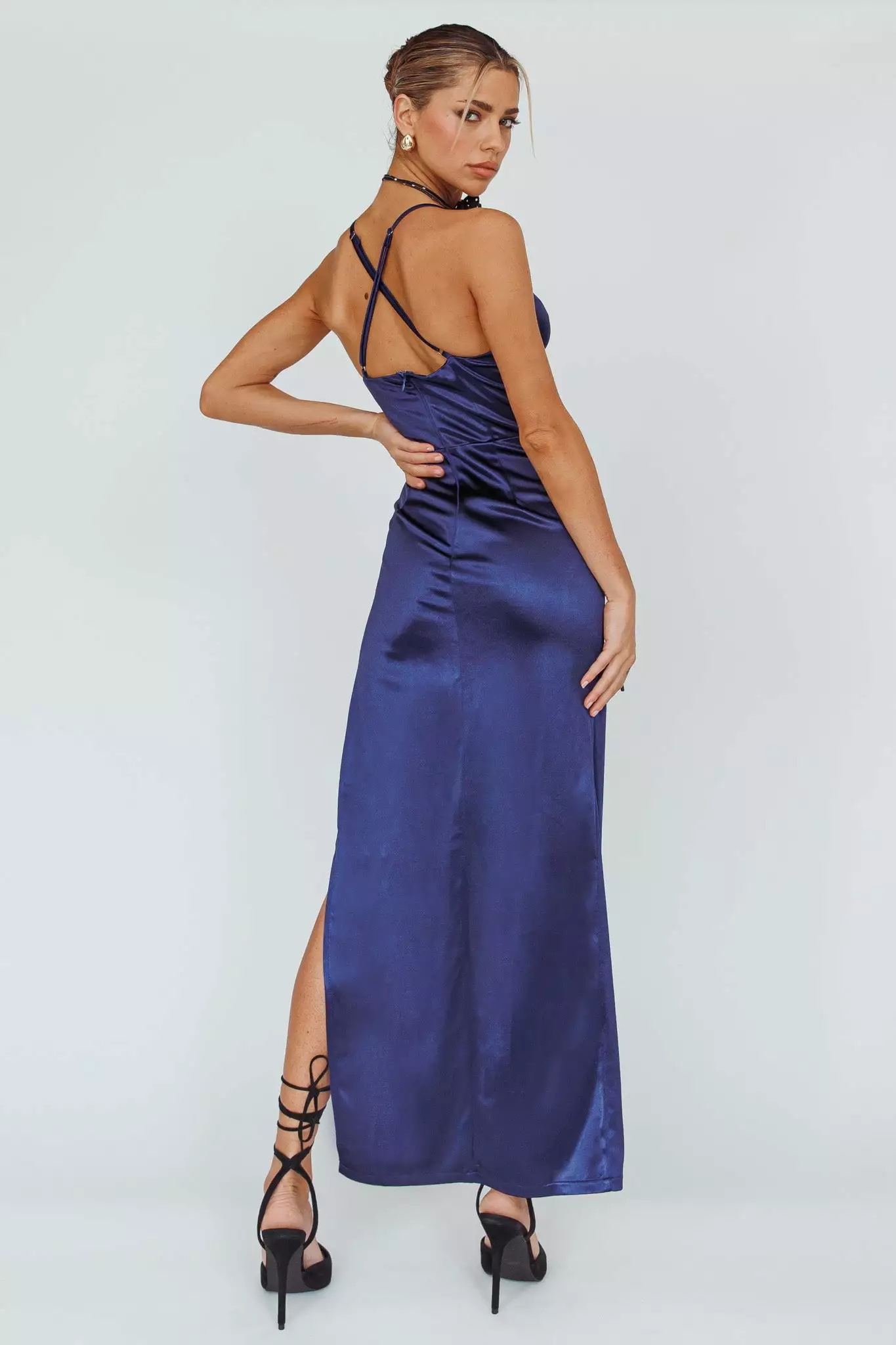 Angel Biba Cierra Thigh Split Maxi Dress Navy - Image 2