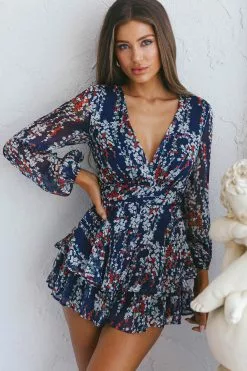 Selfie Leslie Maddox Fit & Flare Long Sleeve Romper Floral Vine Navy