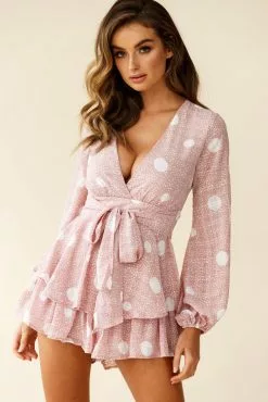 Selfie Leslie Maddox Fit & Flare Long Sleeve Romper Large Spot Print Pink