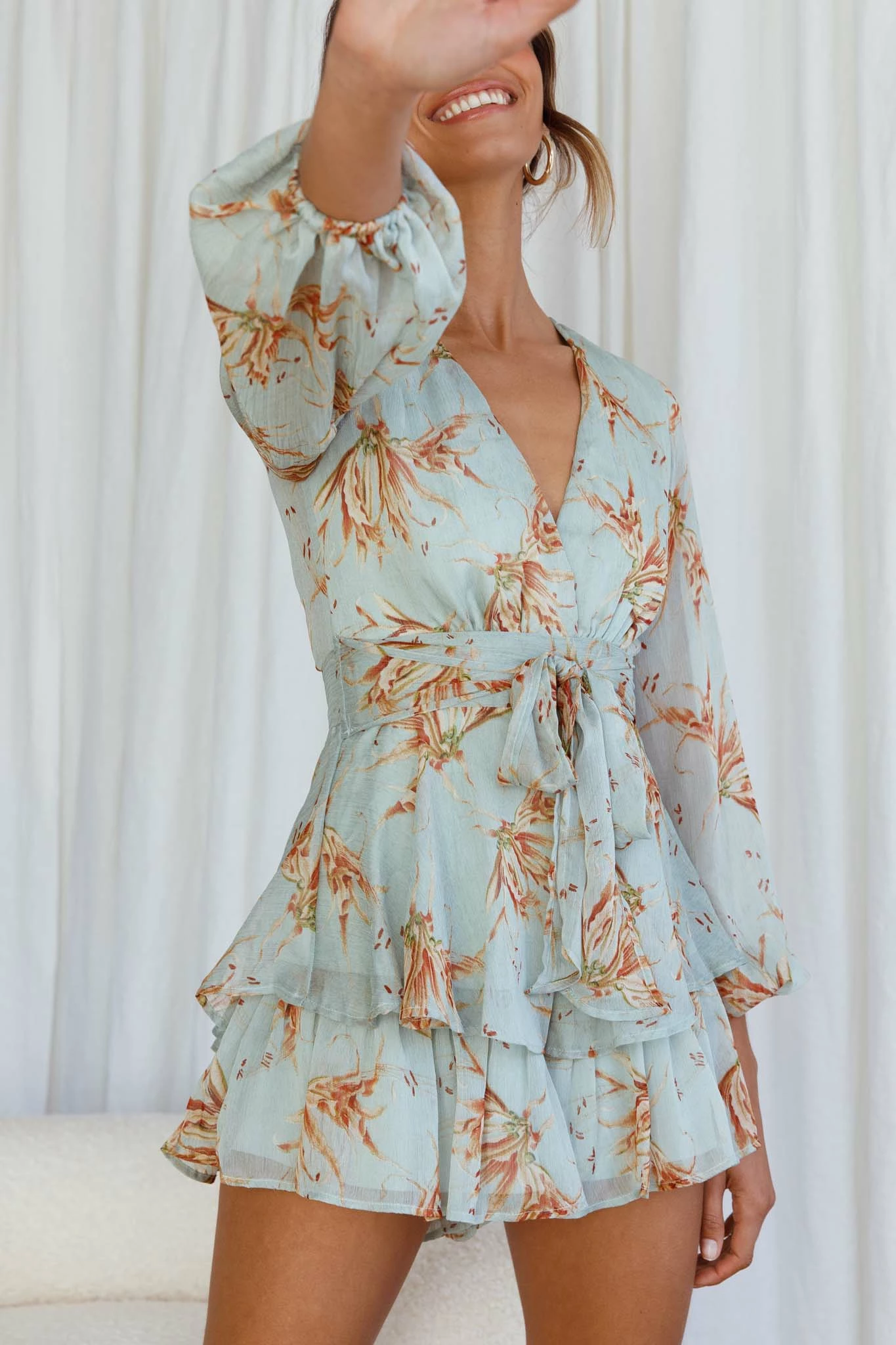 Maddox Fit & Flare Long Sleeve Romper Lily Print Pistachio - Image 4