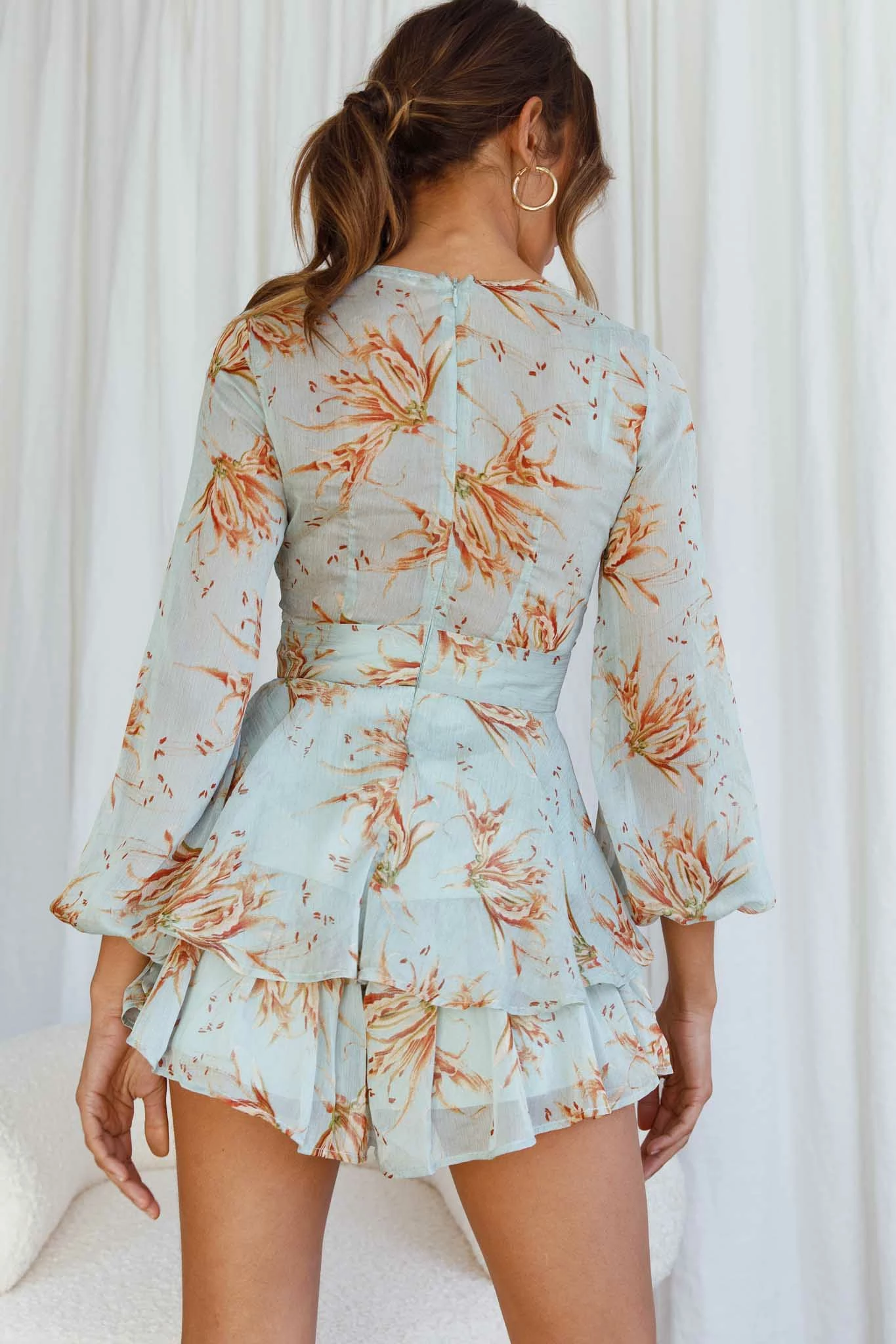 Maddox Fit & Flare Long Sleeve Romper Lily Print Pistachio - Image 7