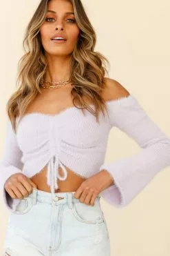 Selfie Leslie By Your Side Off-Shoulder Long Sleeve Fuzzy Knit Top Lilac