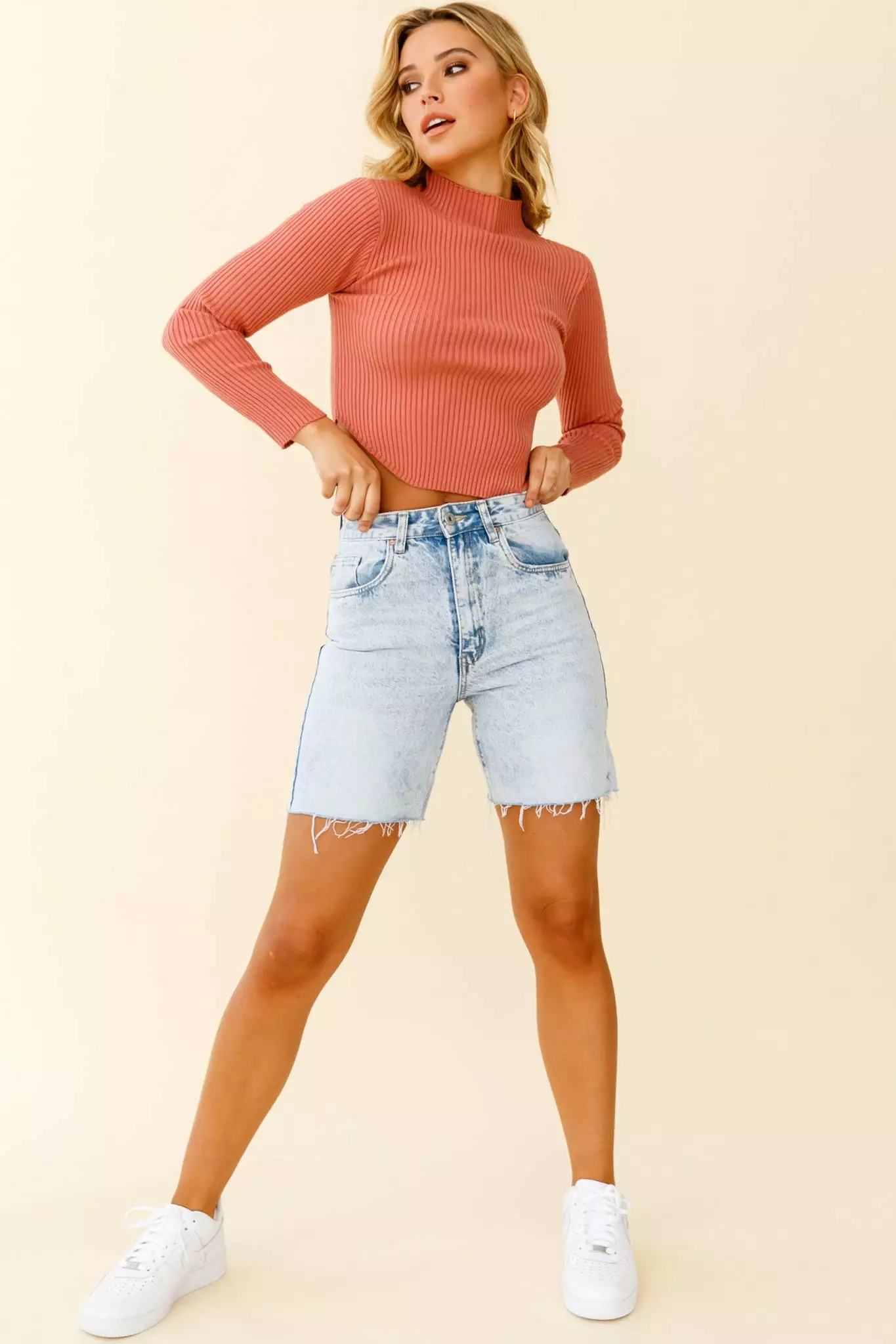 Selfie Leslie Tina Long Sleeve Ribbed Turtleneck Top Desert Rose - Image 6