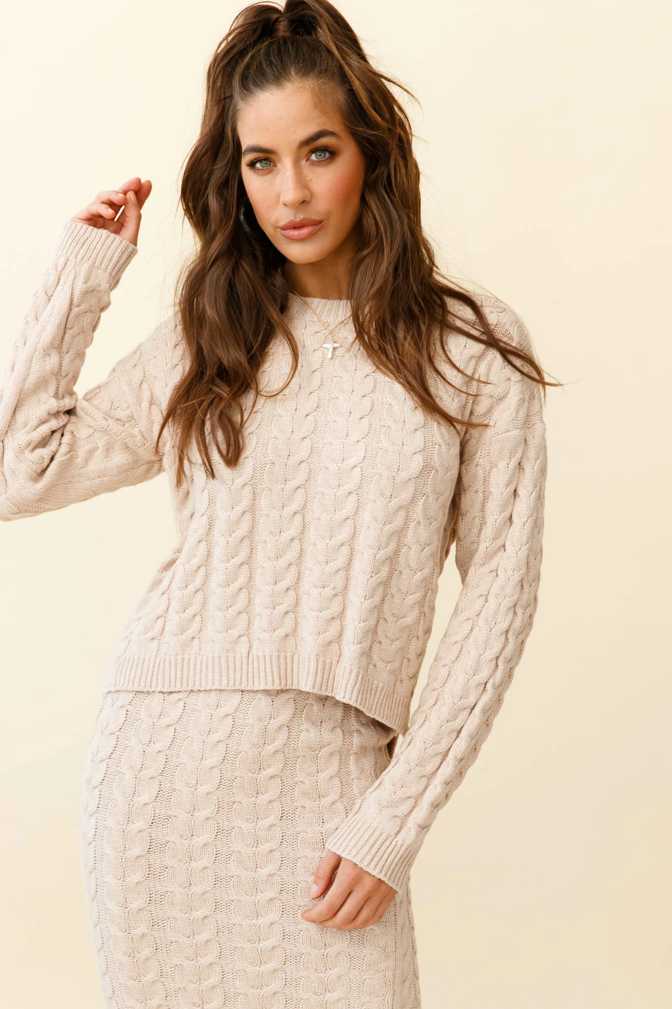 Cozy Up Cable Knit Sweater Beige - Image 5