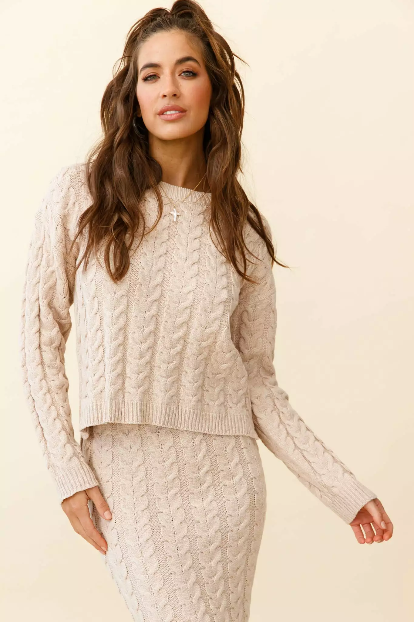 Cozy Up Cable Knit Sweater Beige - Image 6
