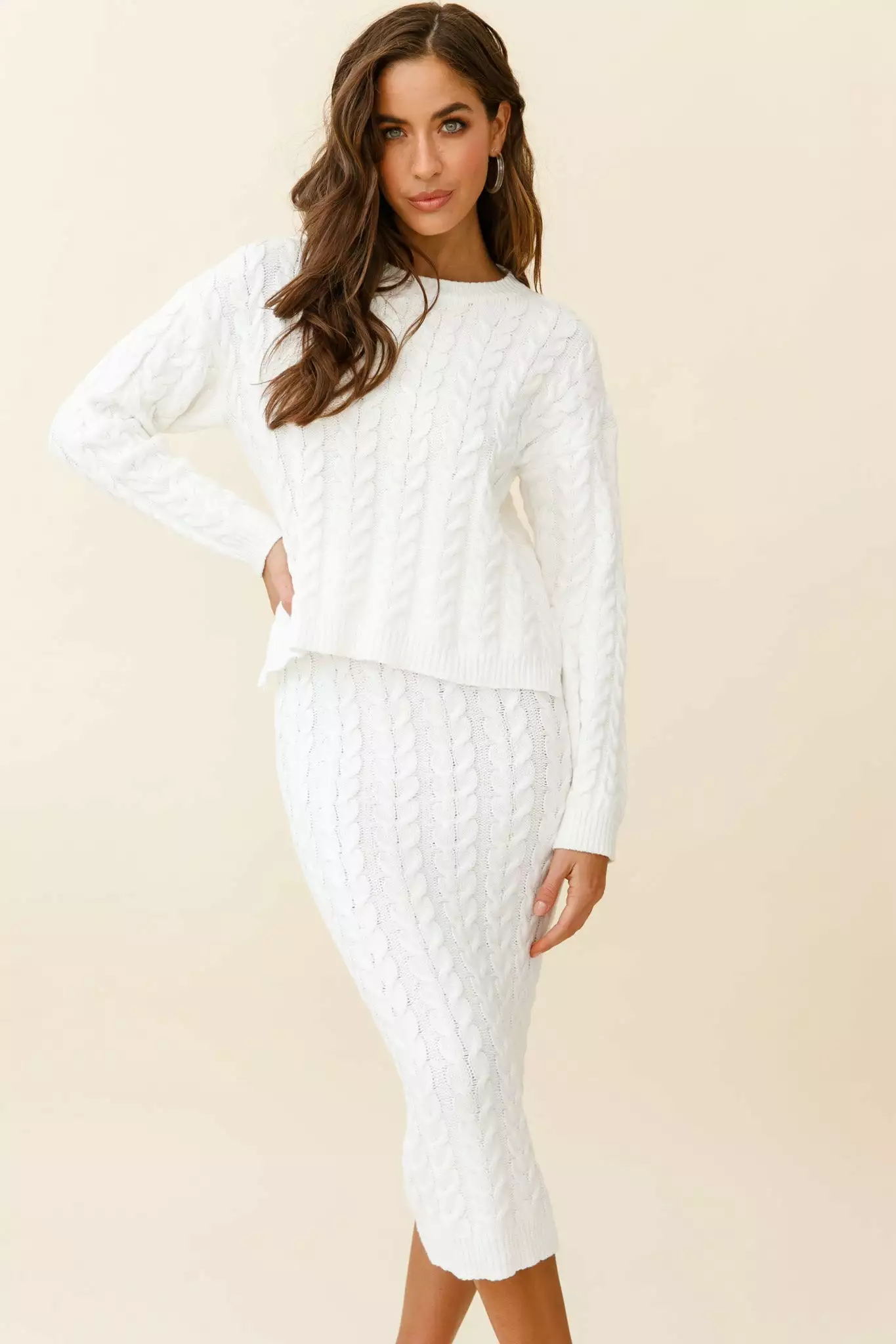 Cozy Up Cable Knit Sweater White - Image 5