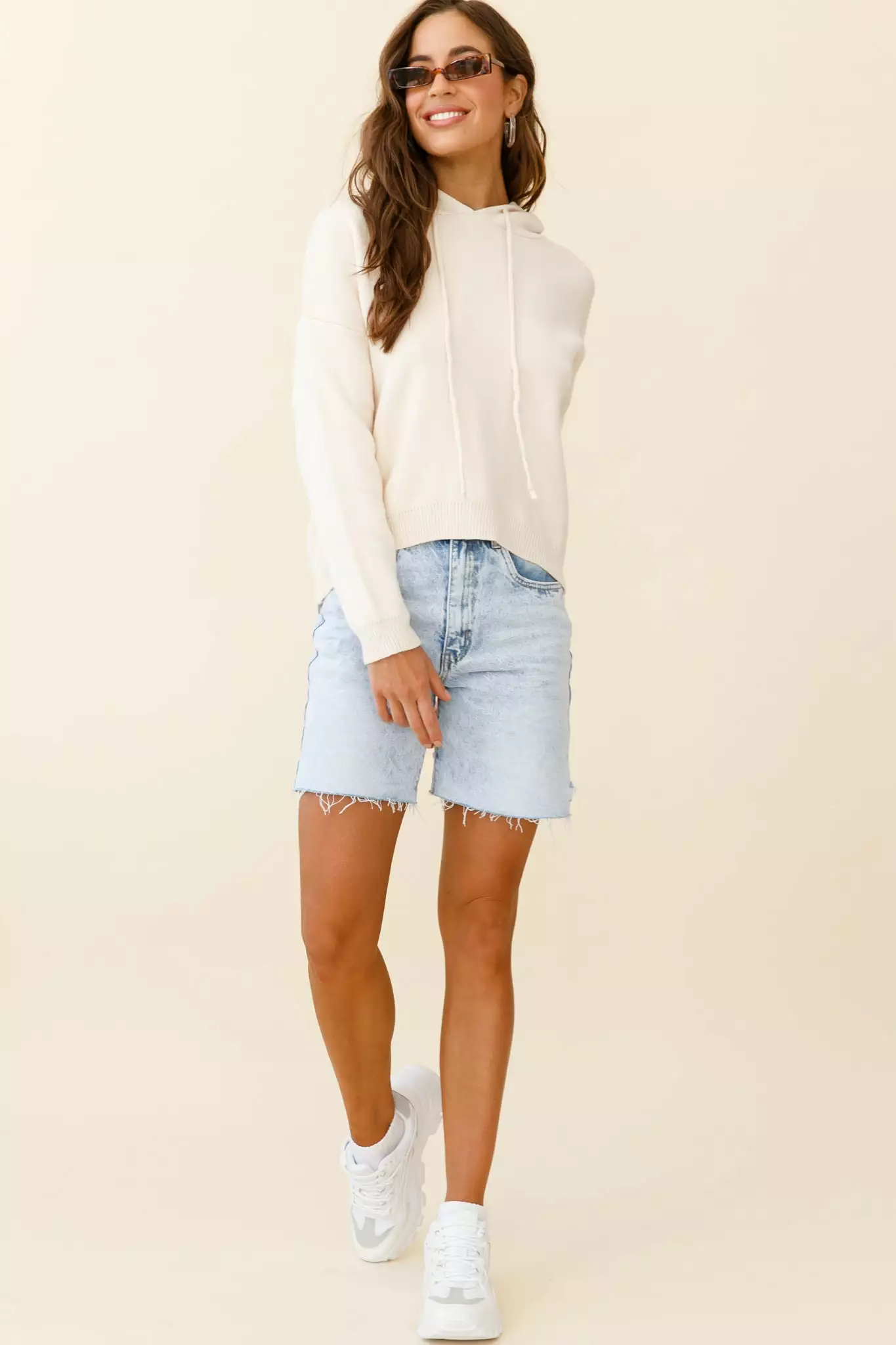 Nightrider Drop Sleeve Hooded Sweater Cream - Image 2