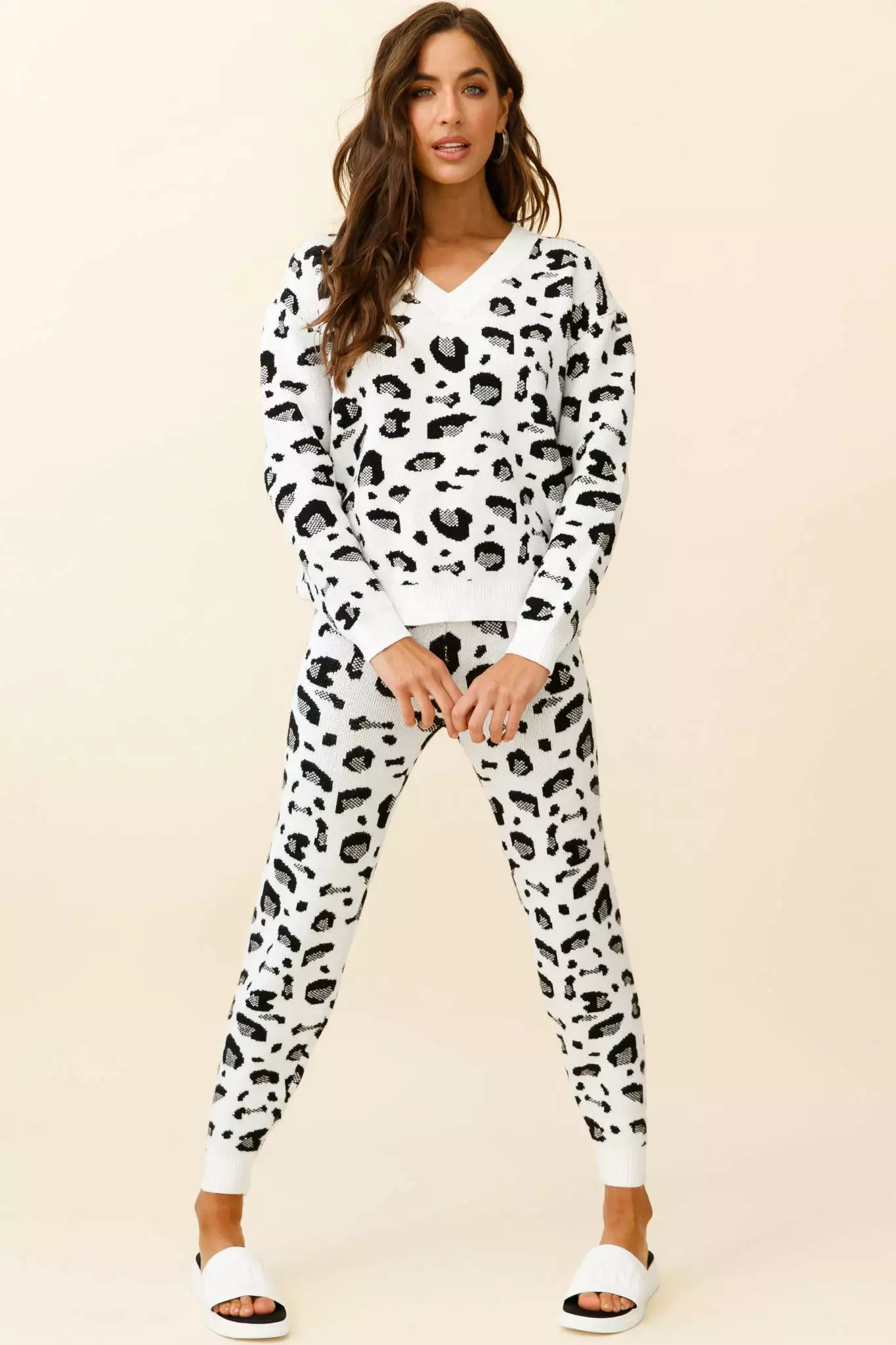 Chase The Moon V-Neck Sweater & Pants Set White Leopard Print - Image 8