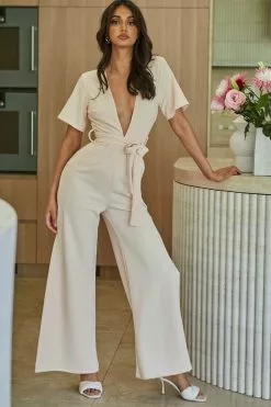 Selfie Leslie Rhone River Deep V-Neckline Wide Leg Waist Tie Jumpsuit Sand