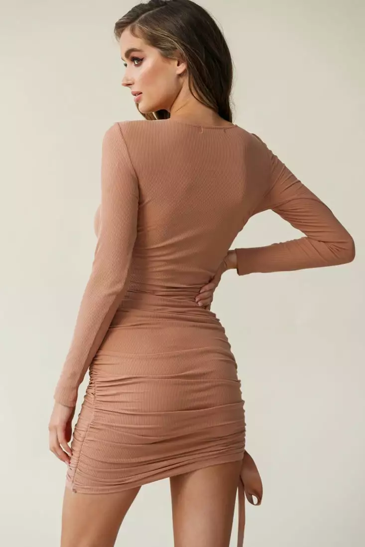 Selfie Leslie Austin Long Sleeve Stretch Knit Ruched Dress Mocha - Image 7