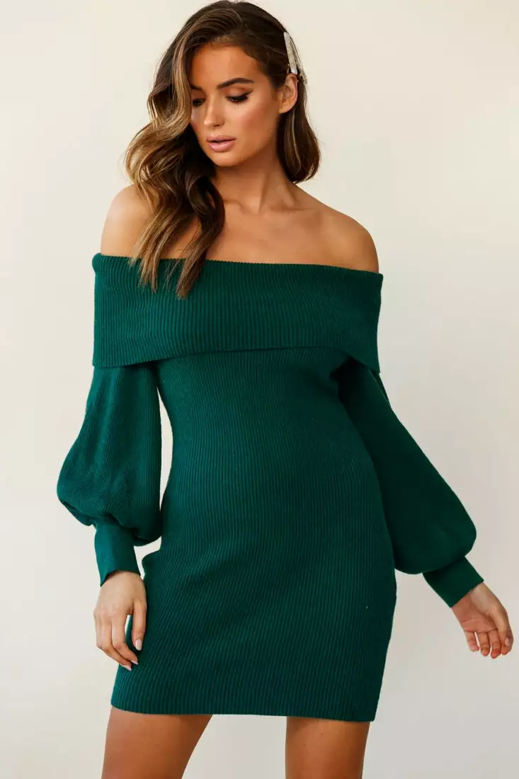 Selfie Leslie Runaway Off Shoulder Balloon Sleeve Knit Dress Forest Green - Image 3