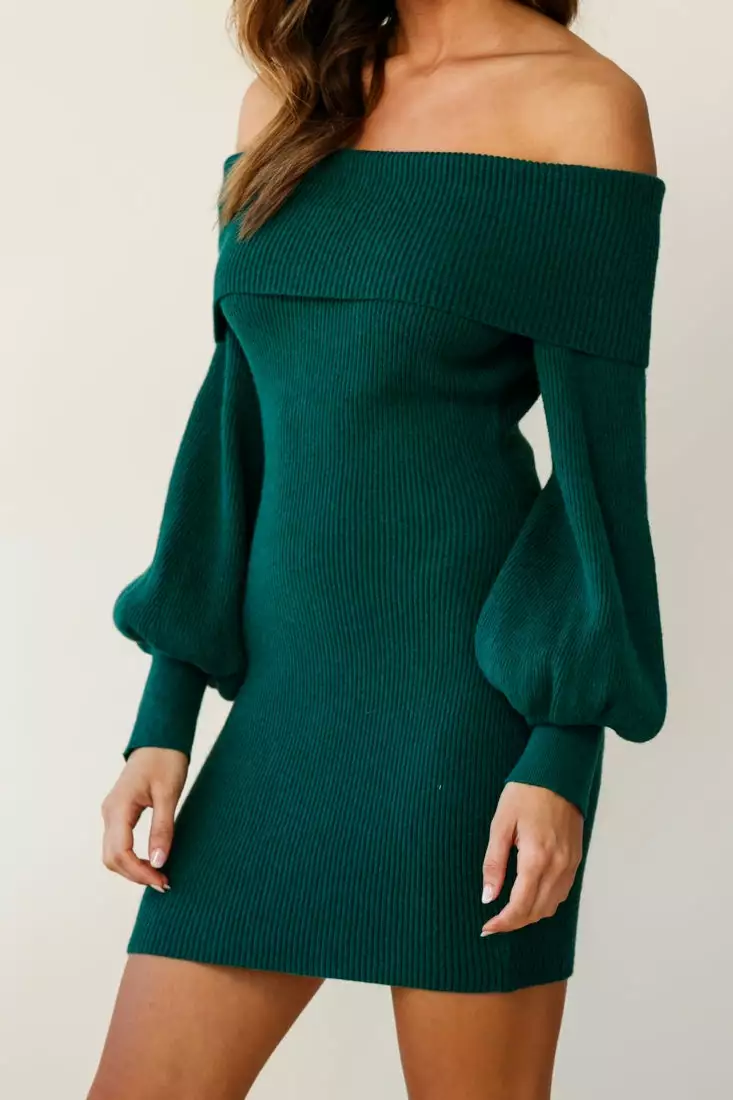 Selfie Leslie Runaway Off Shoulder Balloon Sleeve Knit Dress Forest Green - Image 6