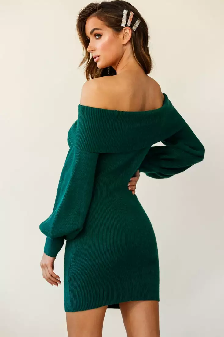 Selfie Leslie Runaway Off Shoulder Balloon Sleeve Knit Dress Forest Green - Image 4