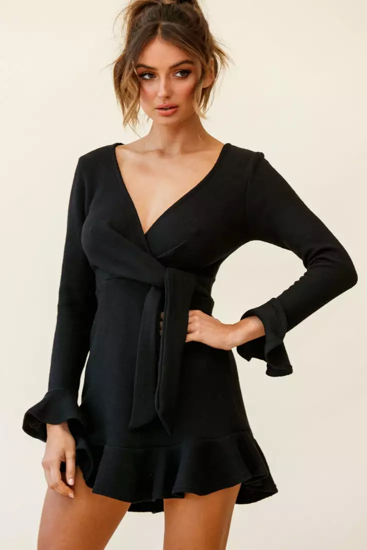 Selfie Leslie Shalini Flared Cuff Surplice Neckline Knit Dress Black - Image 4