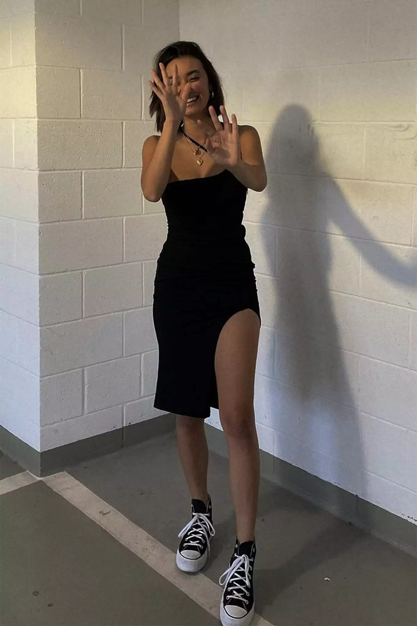 Selfie Leslie Cleopatra Asymmetrical Neckline Front Split Ribbed Dress Black - Image 10