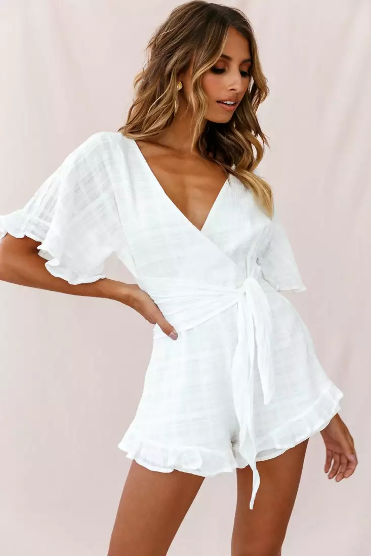 Selfie Leslie Karin Frill Trim Waist Tie Romper White