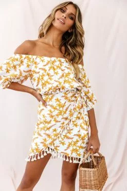 Selfie Leslie Cayman Tassel Trim Wrap Dress White/Yellow