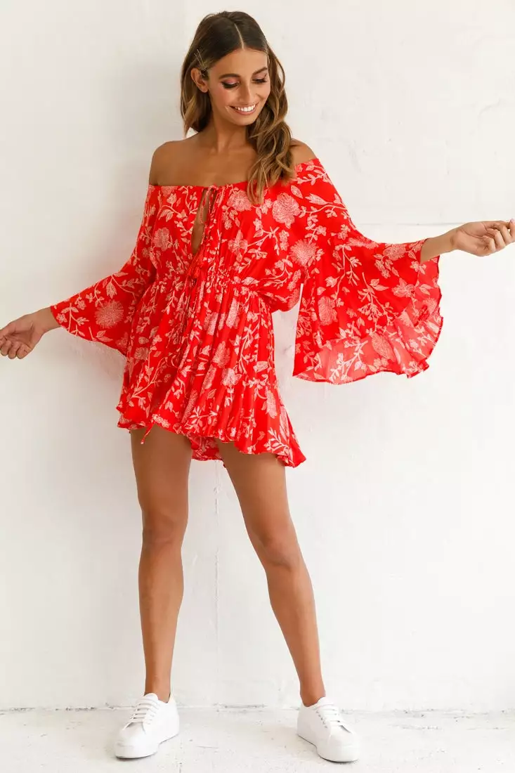 Selfie Leslie Fiona Drawstring Floral Romper Red - Image 6