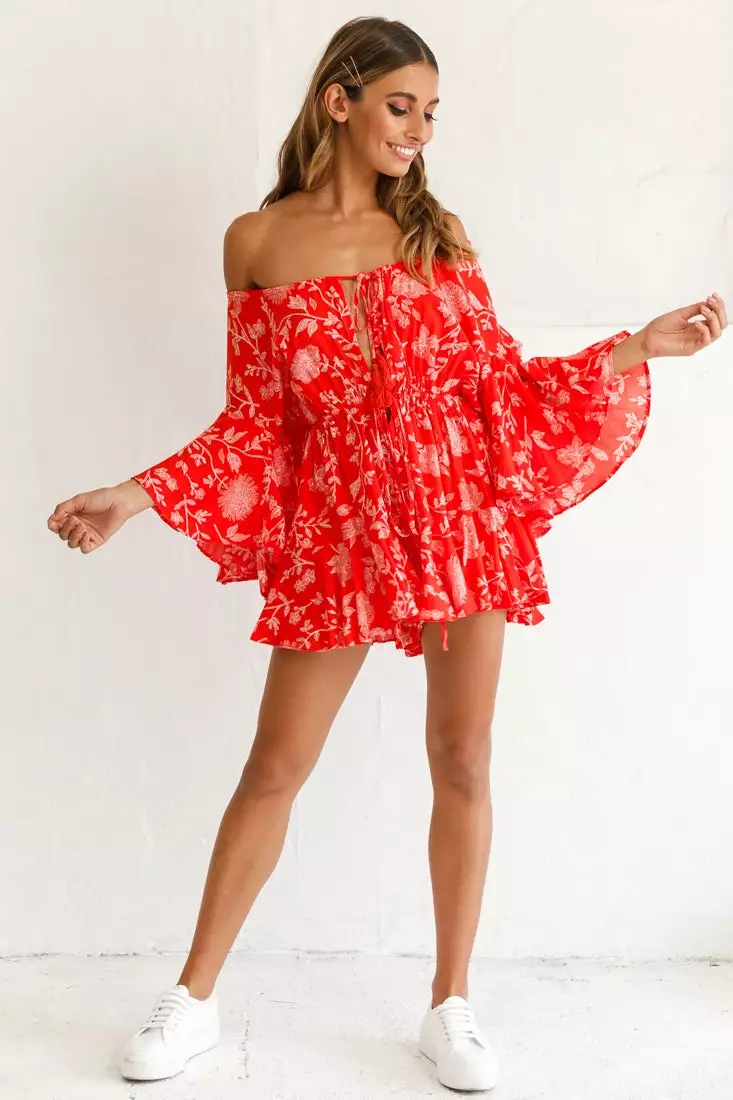 Selfie Leslie Fiona Drawstring Floral Romper Red