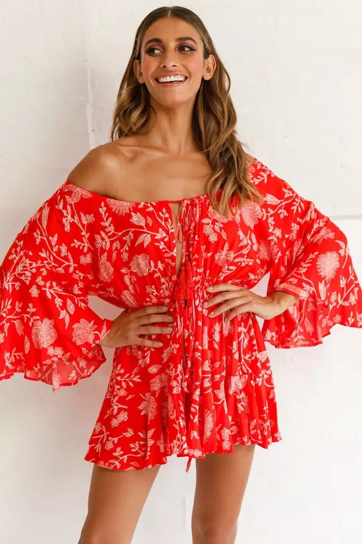 Selfie Leslie Fiona Drawstring Floral Romper Red - Image 2