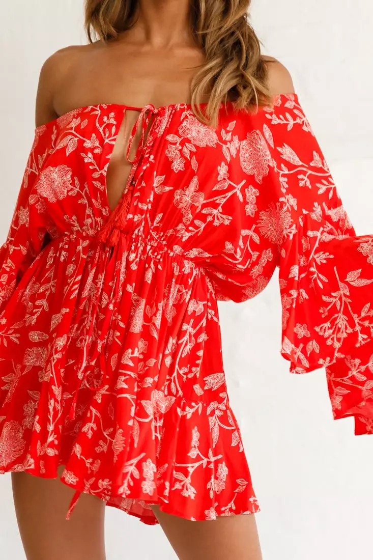 Selfie Leslie Fiona Drawstring Floral Romper Red - Image 4
