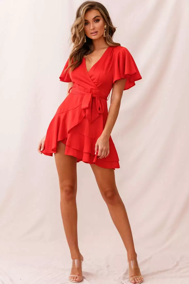 Selfie Leslie Cami Angel Sleeve Faux Wrap Dress Red - Image 11